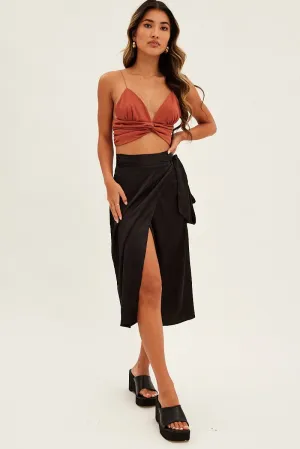 Black Tie Front Satin Midi Skirt Photography Session Tapered Cut