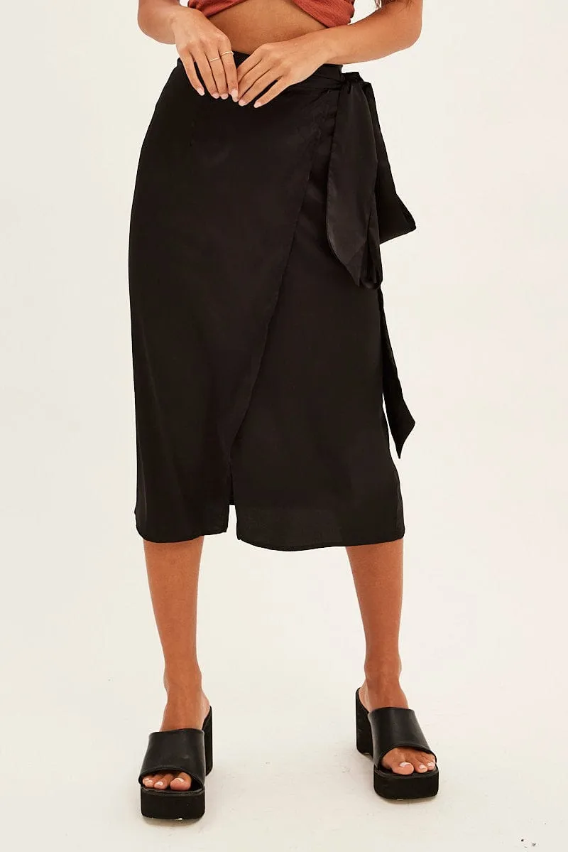 Black Tie Front Satin Midi Skirt Light Flow