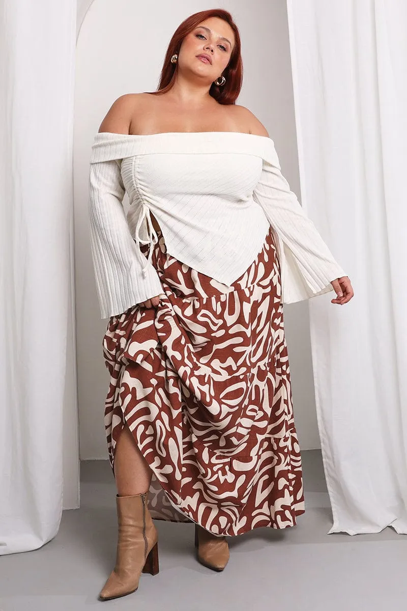 Feminine Charm Stretch Material Brown Geo Linen Blend Tiered Maxiskirt