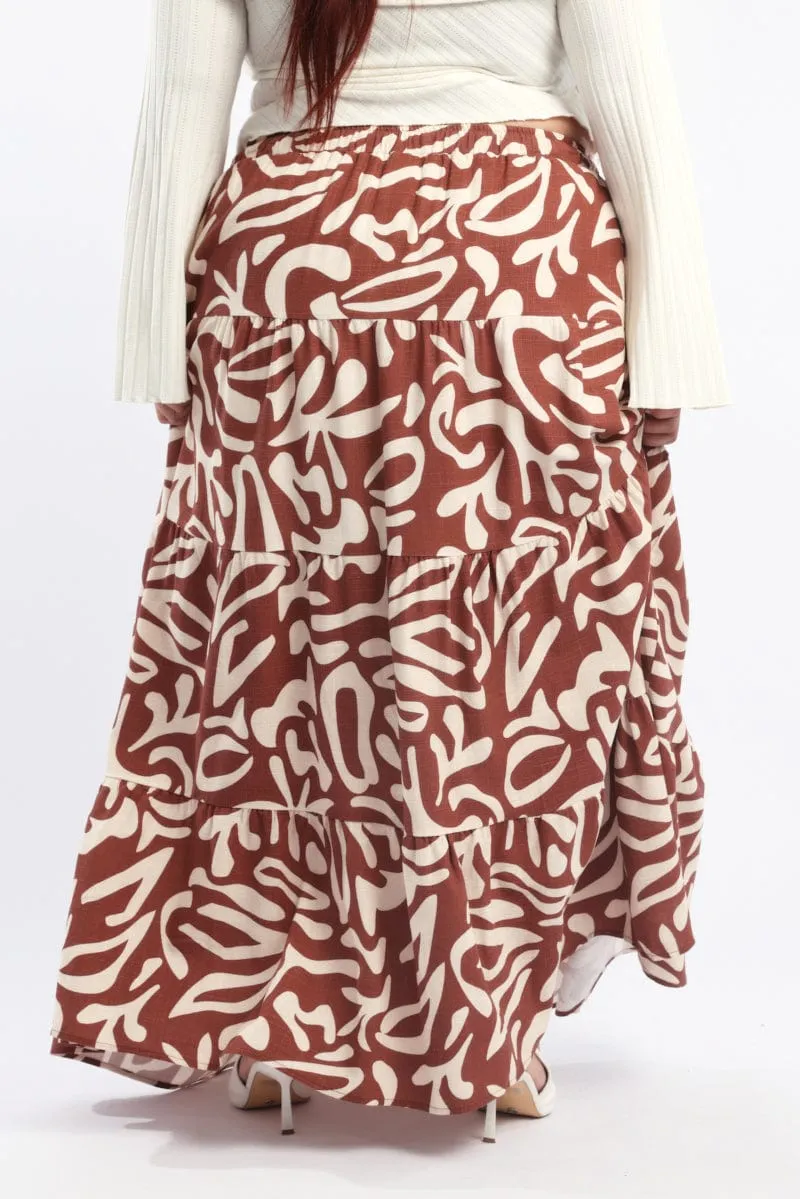 Bold Print Gentle Wear Brown Geo Linen Blend Tiered Maxiskirt