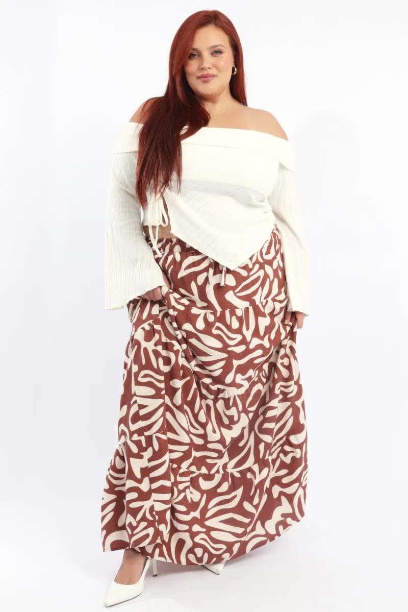 Light Motion Soft Tones Brown Geo Linen Blend Tiered Maxiskirt