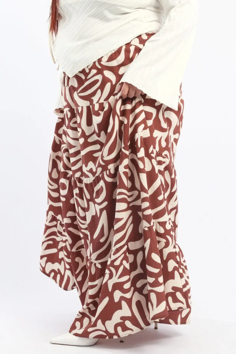 Draped Design Brown Geo Linen Blend Tiered Maxiskirt
