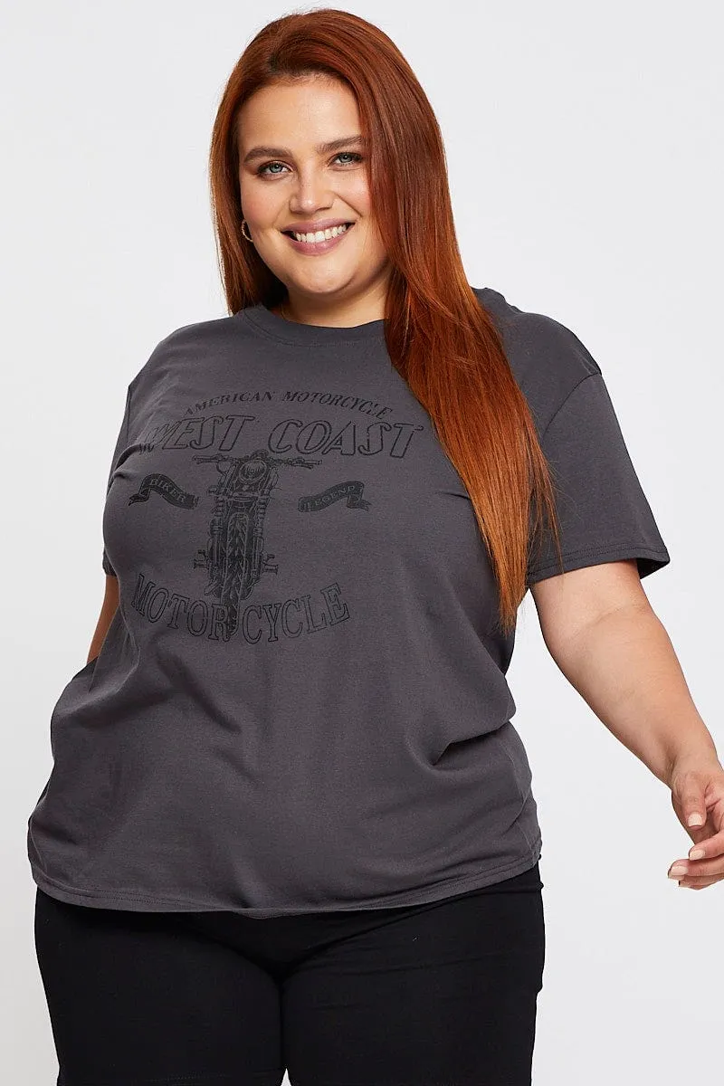 Trendy Casual Wear sequined details Grey Graphic T-shirt Motorcycle Short Sleeve Cotton