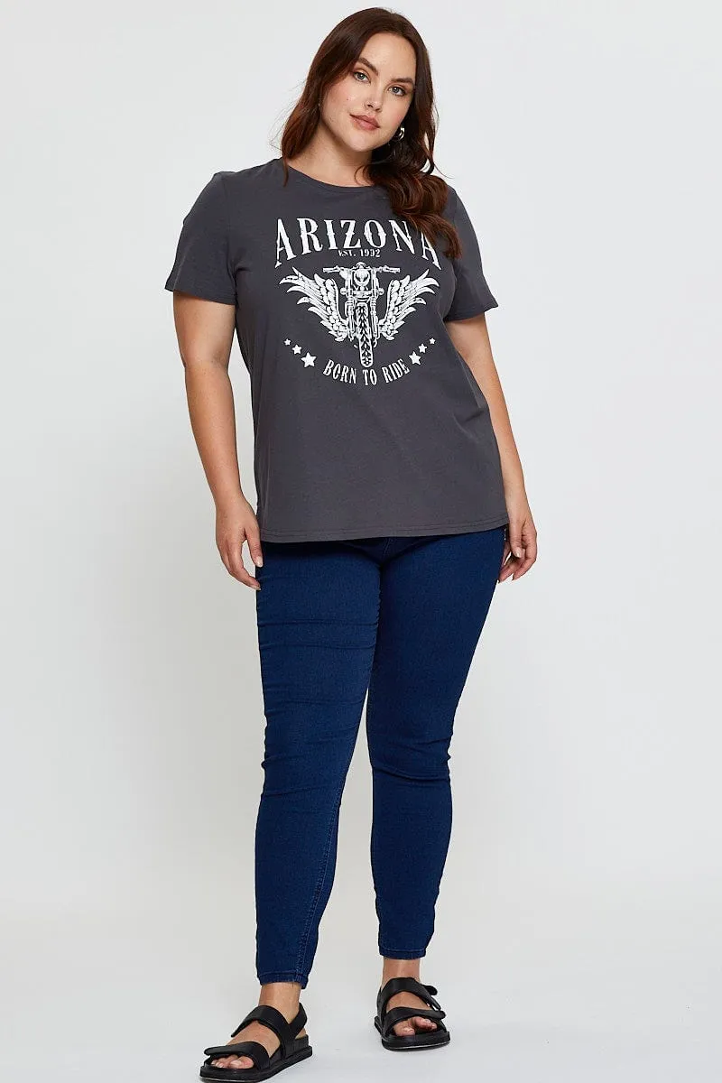 Grey Graphic T-shirt Arizona Biker Short Sleeve Cotton Moisture Wicking Fabric