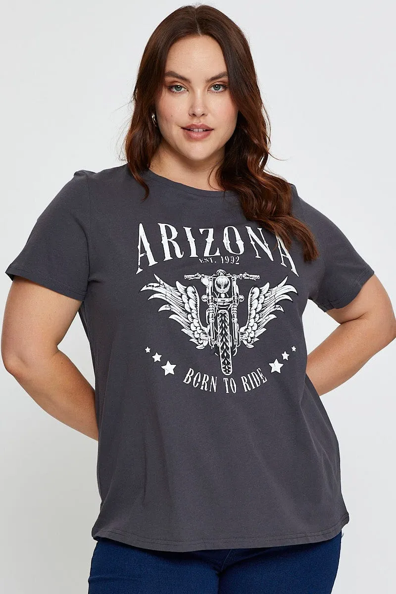 Seasonal Fashion Grey Graphic T-shirt Arizona Biker Short Sleeve Cotton