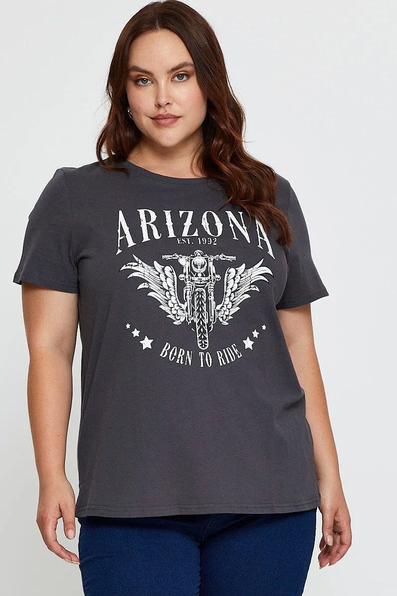 Grey Graphic T-shirt Arizona Biker Short Sleeve Cotton Anti Perspiration Lining Classic Design