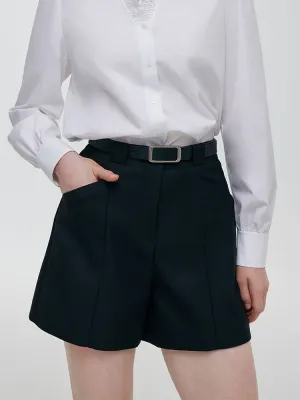 Worsted Wool A-Line Women Shorts With Belt Adjustable drawstring