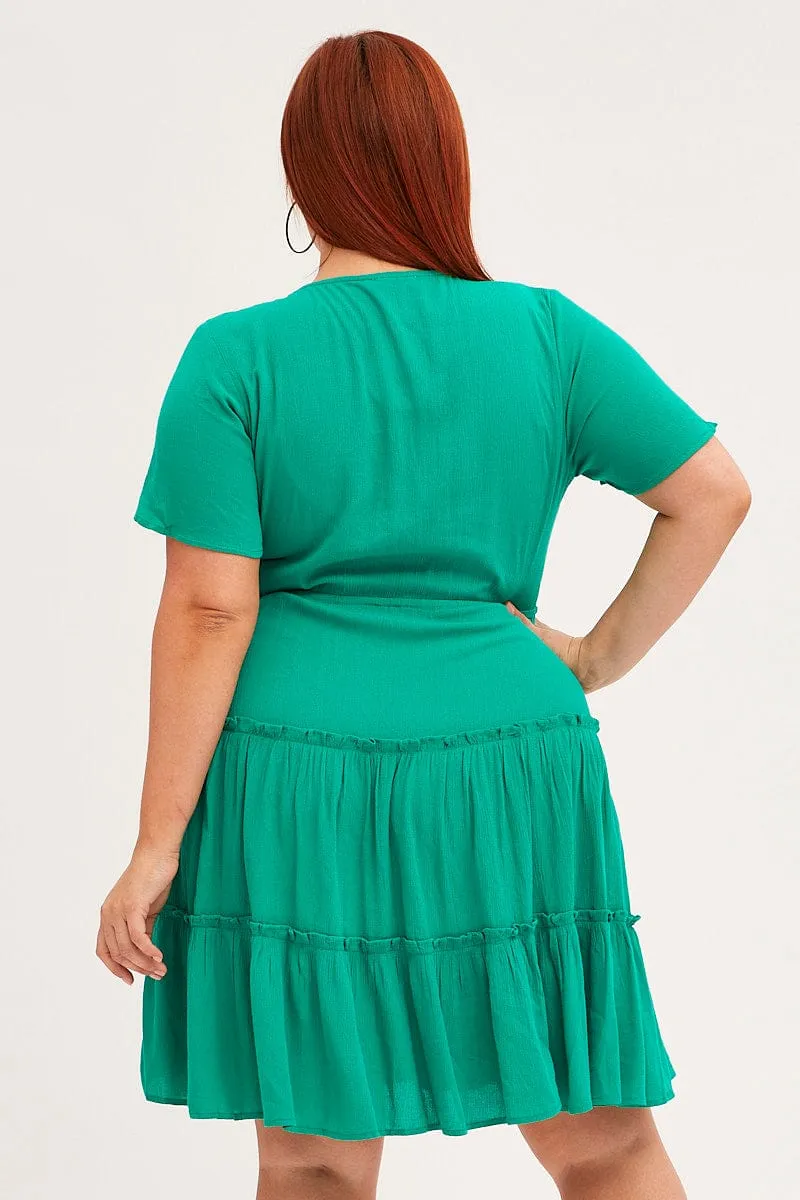 Green Mini Dress Short Sleeve Button Front Crinkle Rayon Playful fabric mini dress