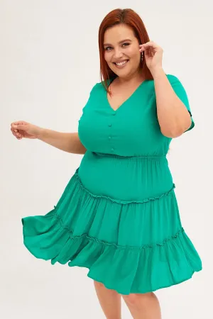 Green Mini Dress Short Sleeve Button Front Crinkle Rayon Star Rush