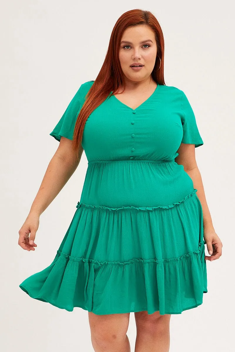 Green Mini Dress Short Sleeve Button Front Crinkle Rayon Breathable Material Dance Floor