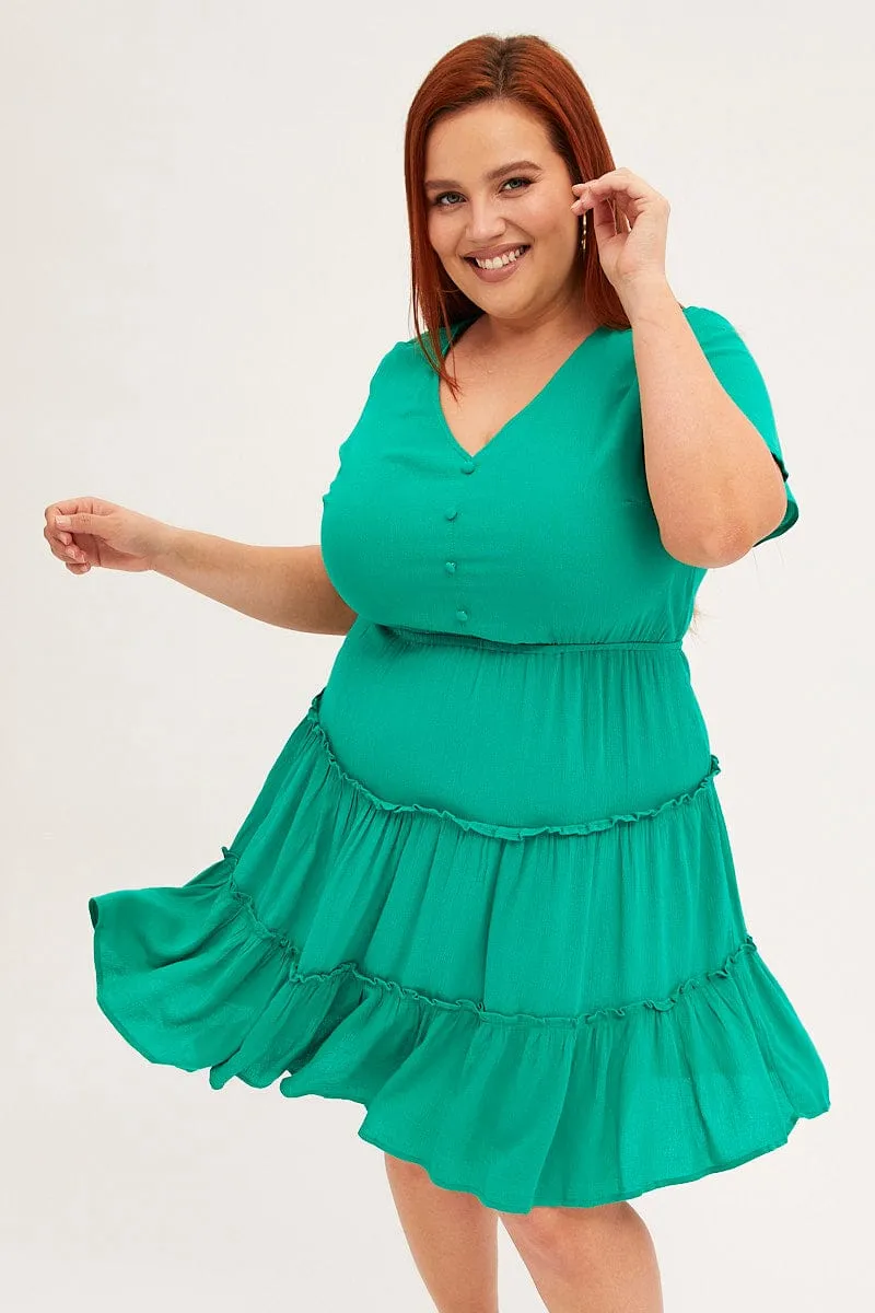 Green Mini Dress Short Sleeve Button Front Crinkle Rayon Star Rush