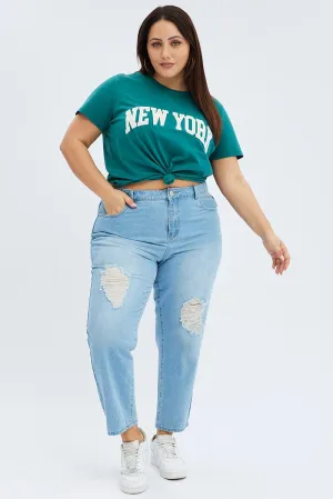 Reinforced Collar Green Graphic T-shirt Short Sleeve Crew Neck