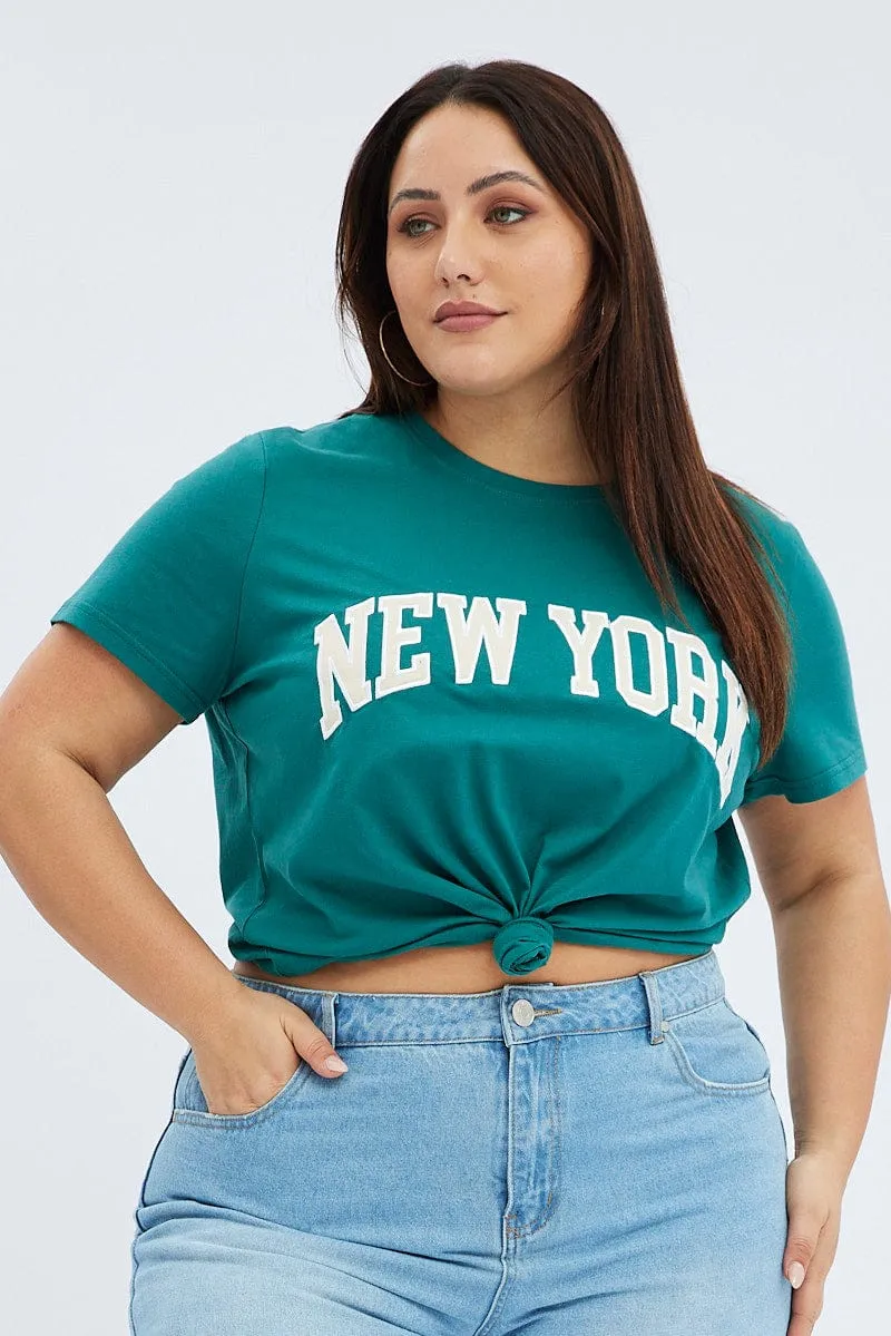 Green Graphic T-shirt Short Sleeve Crew Neck Sporty Comfort