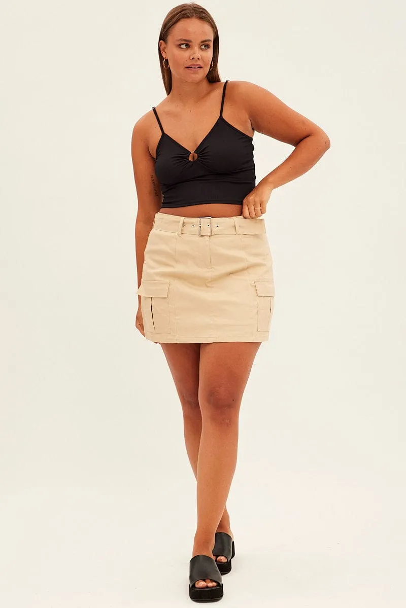 Beige Cargo Skirt Belted Mini Cotton Reinforced Seams