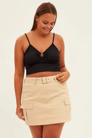 Beige Cargo Skirt Belted Mini Cotton Elastic hem Minimal Look