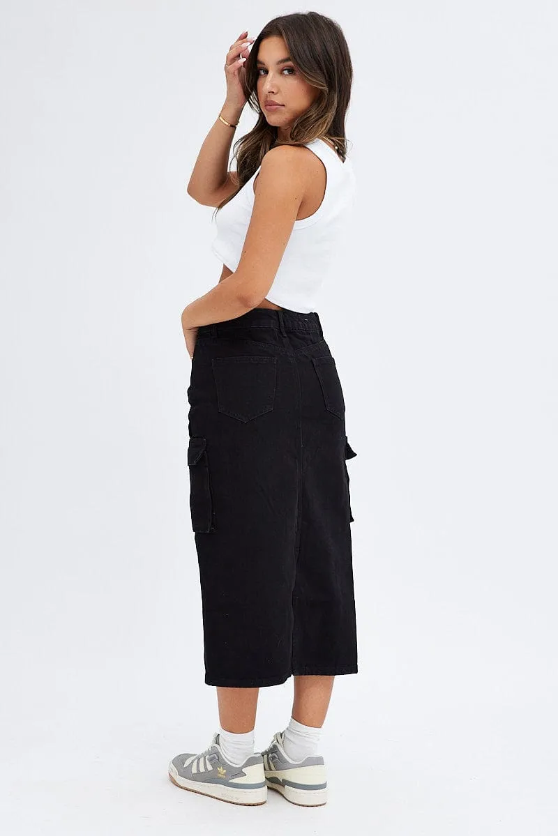 Black Denim Skirt Cargo Midi Mall Brand Look A line