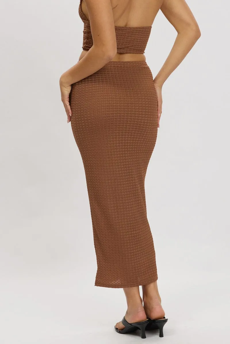 Brown Midi Skirt High Rise Textured Jersey Seamless Finish Moisture Wicking Textile