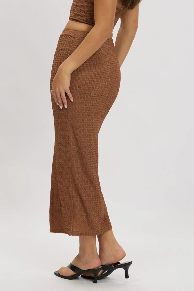 Neutral Tone Daily Style Brown Midi Skirt High Rise Textured Jersey