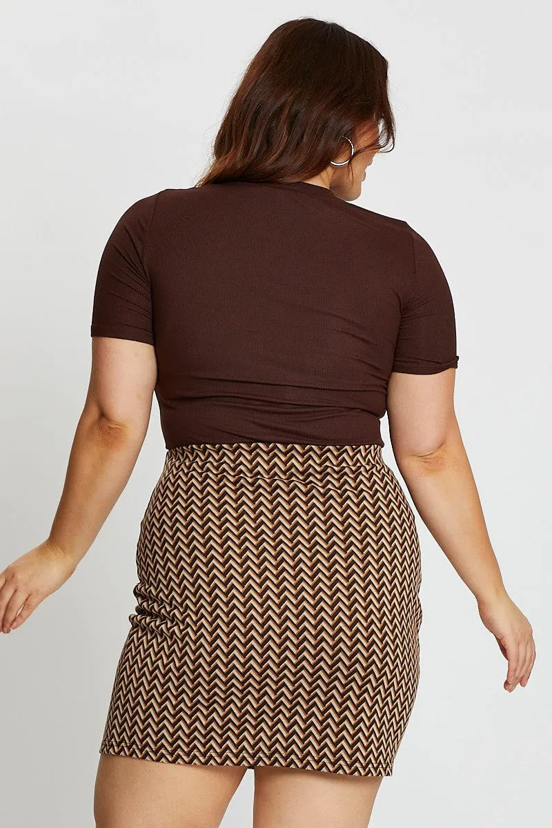Clean Cut Modern Cut Brown Zig Zag Print Mini Skirt