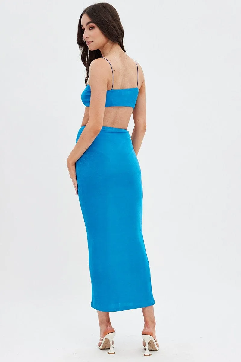 Bold Cut Matte Finish Blue Ruched Midi Skirt
