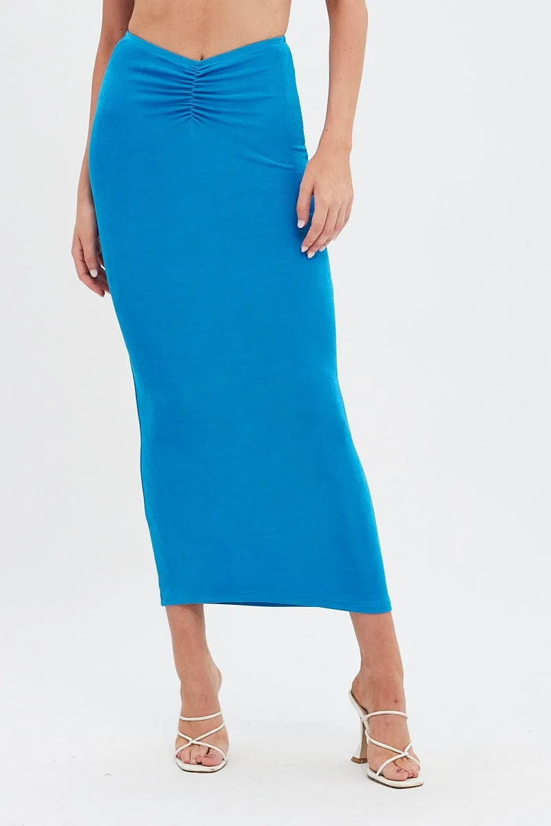 Timeless Piece beaded embellishment Blue Ruched Midi Skirt