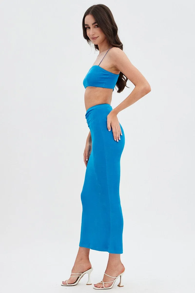 Easy Fashion Blue Ruched Midi Skirt