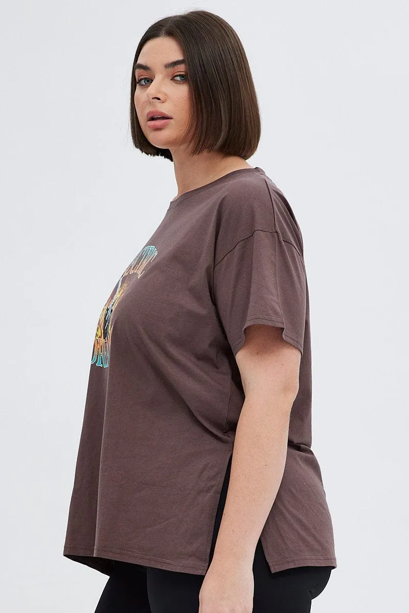 Quick Comfort Brown Graphic T-shirt Electric Dreams Print