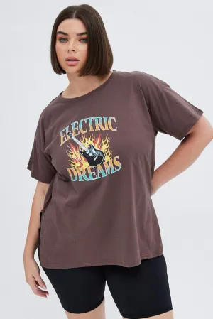 Brown Graphic T-shirt Electric Dreams Print Comfy Casual Sporty and Cool