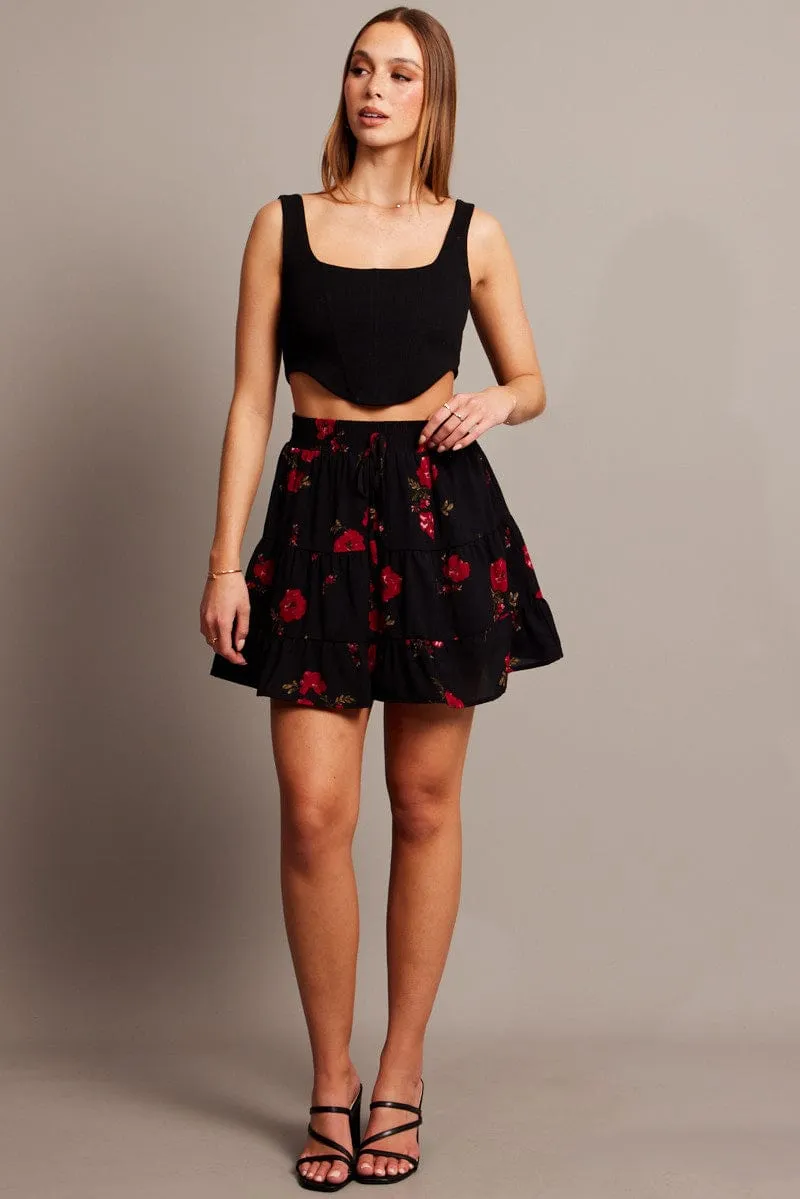 color block Black Floral Skater Skirt Mini