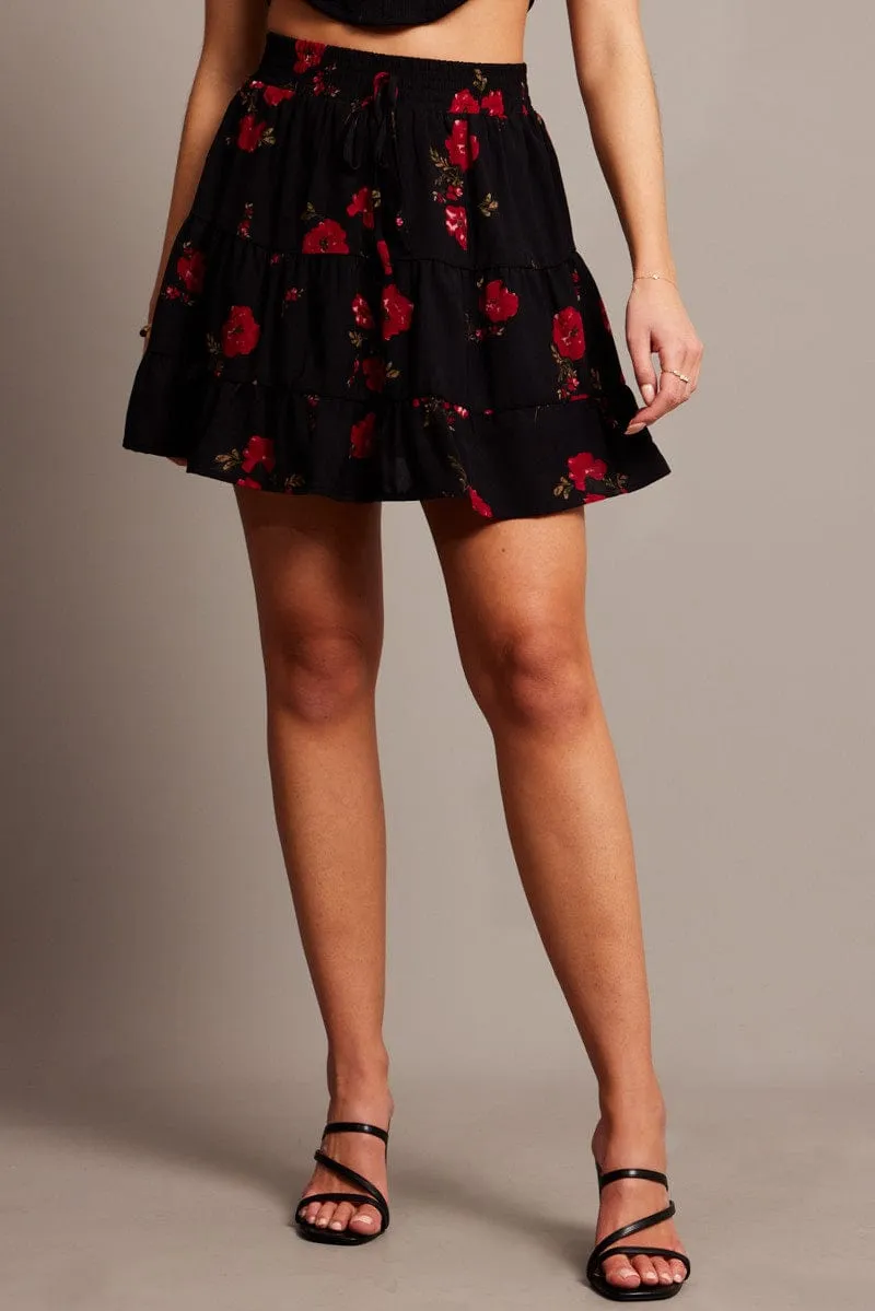 Black Floral Skater Skirt Mini Iconic Style