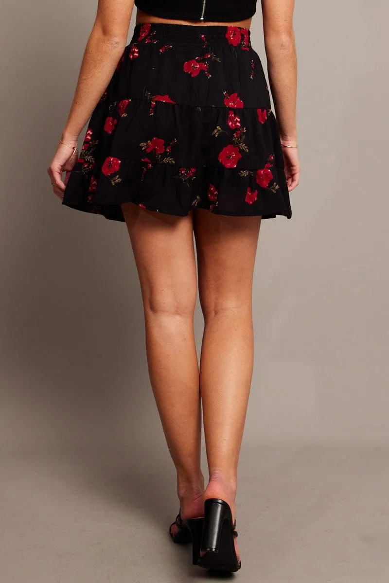 Heritage Brand Simple Layer Black Floral Skater Skirt Mini