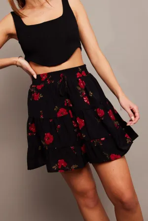 Black Floral Skater Skirt Mini All Day Fit Linen Cotton Mix