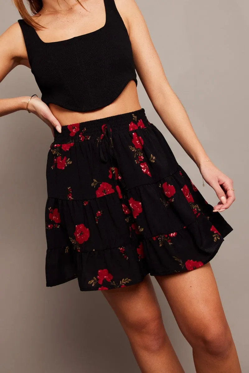 Black Floral Skater Skirt Mini All Day Fit Linen Cotton Mix