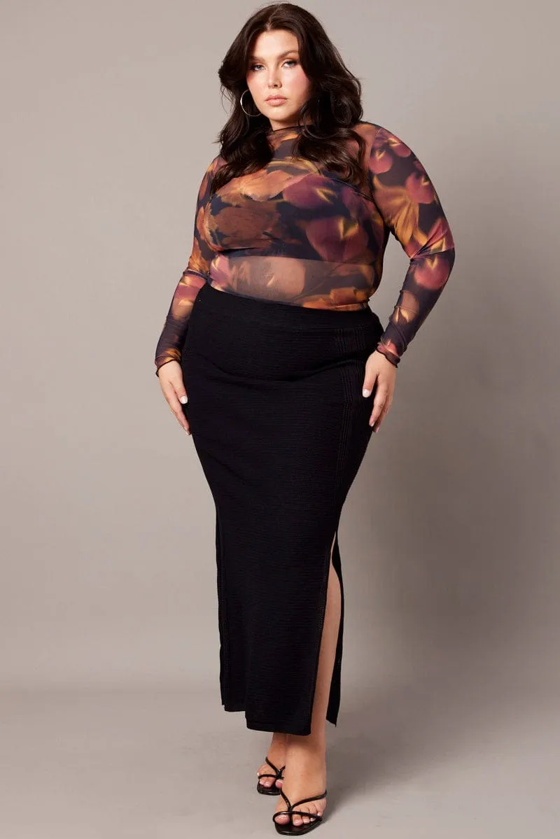 Black Double Split Knit Midi Skirt Young adult
