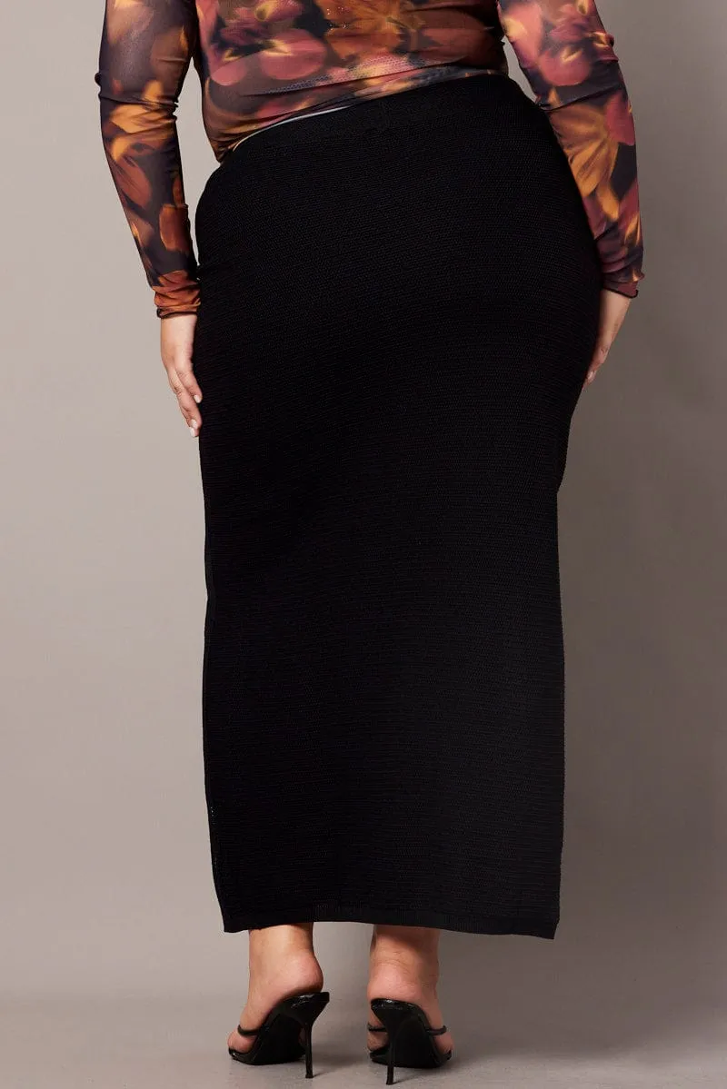 Black Double Split Knit Midi Skirt ribbed texture Modern Luxe