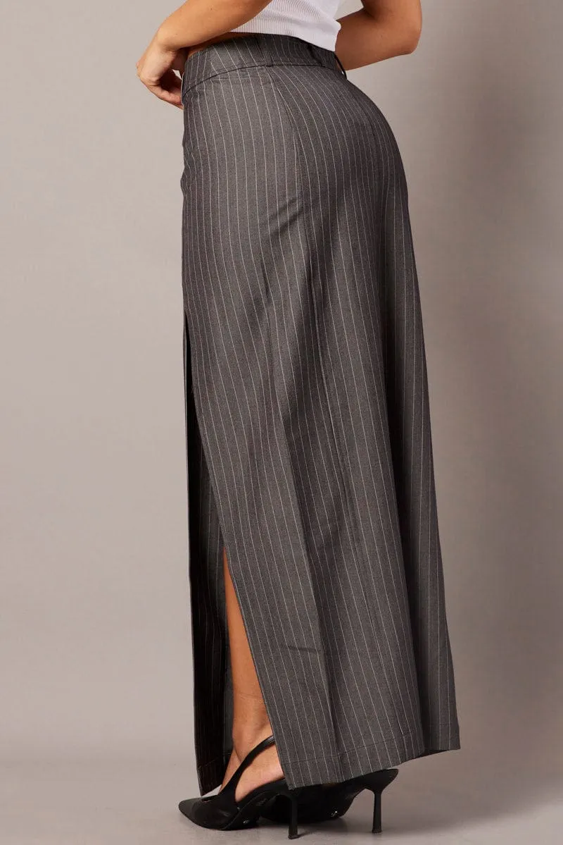 Grey Stripe Midi Skirt Tailored High Waist Winter Layering Refined Finish