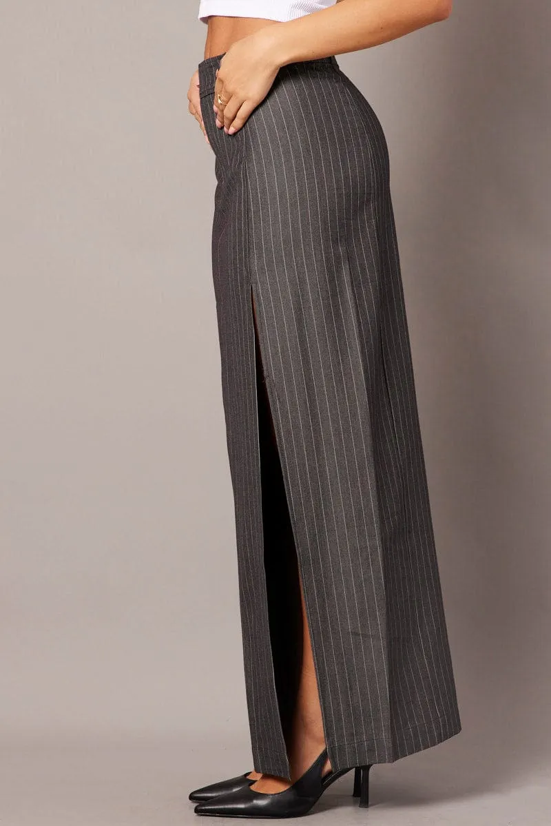 Grey Stripe Midi Skirt Tailored High Waist Wool blend Matte Finish