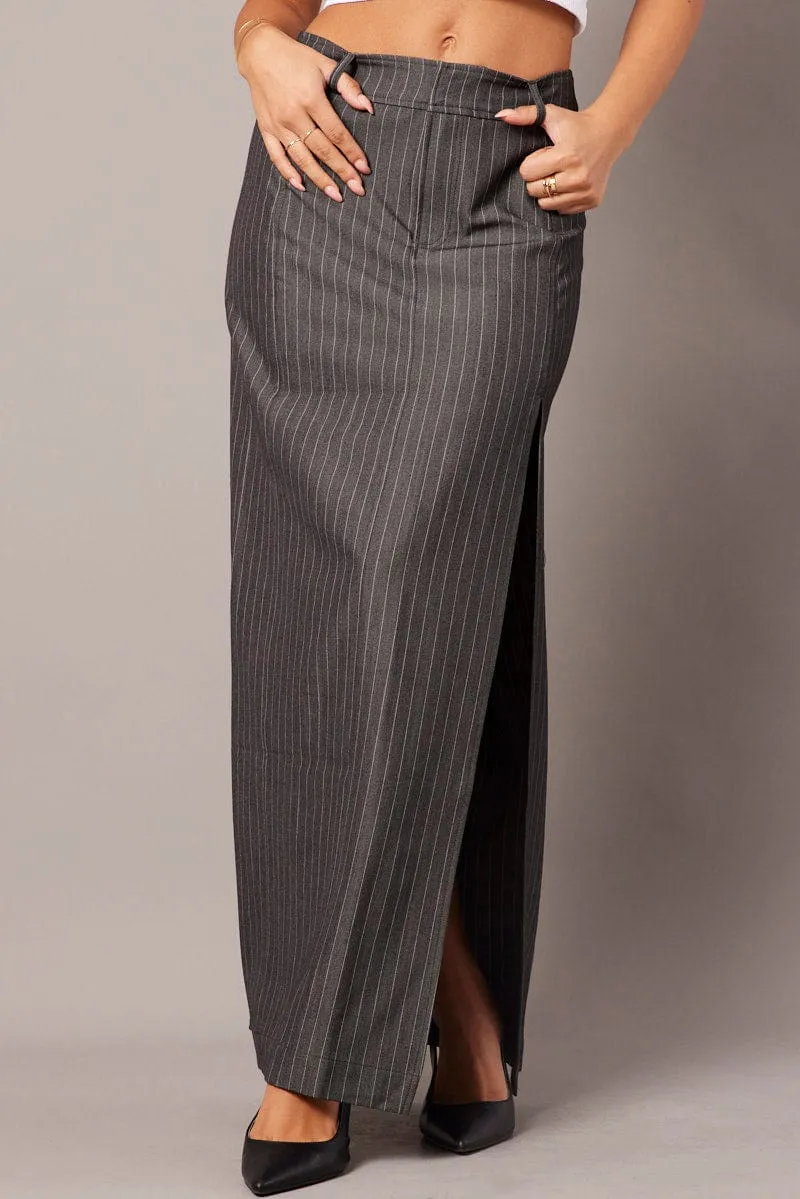Grey Stripe Midi Skirt Tailored High Waist Seamless Finish Spring Must Have