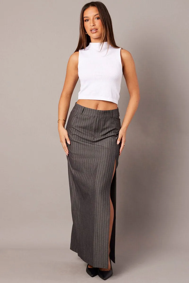 Embroidered Detail Comfort Wear Grey Stripe Midi Skirt Tailored High Waist