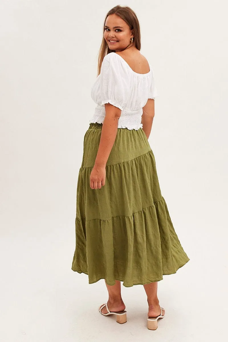 Khaki Maxi Skirt Elastic Waist Long Textured Everyday Vibe