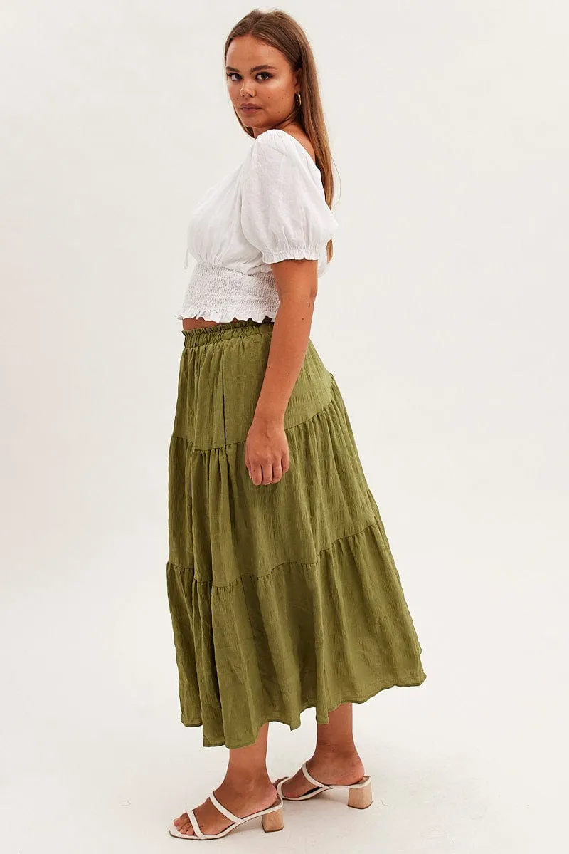 Khaki Maxi Skirt Elastic Waist Long Textured Subtle Details Contemporary Mood