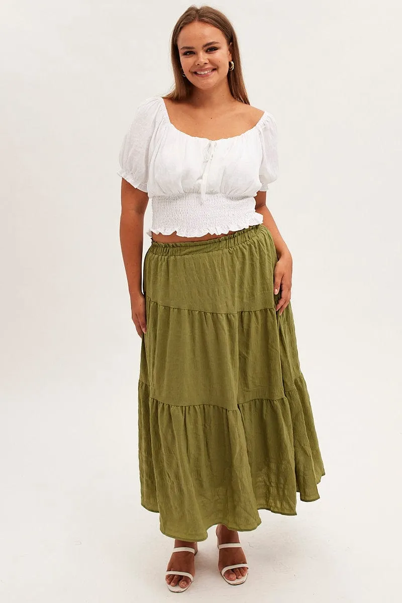 Airy Look Knitted Fabric Khaki Maxi Skirt Elastic Waist Long Textured