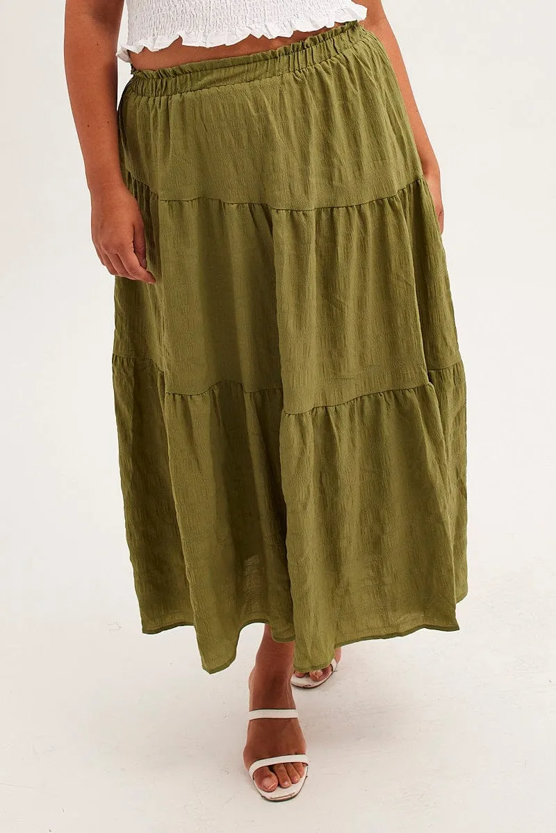 flowy silhouette Khaki Maxi Skirt Elastic Waist Long Textured