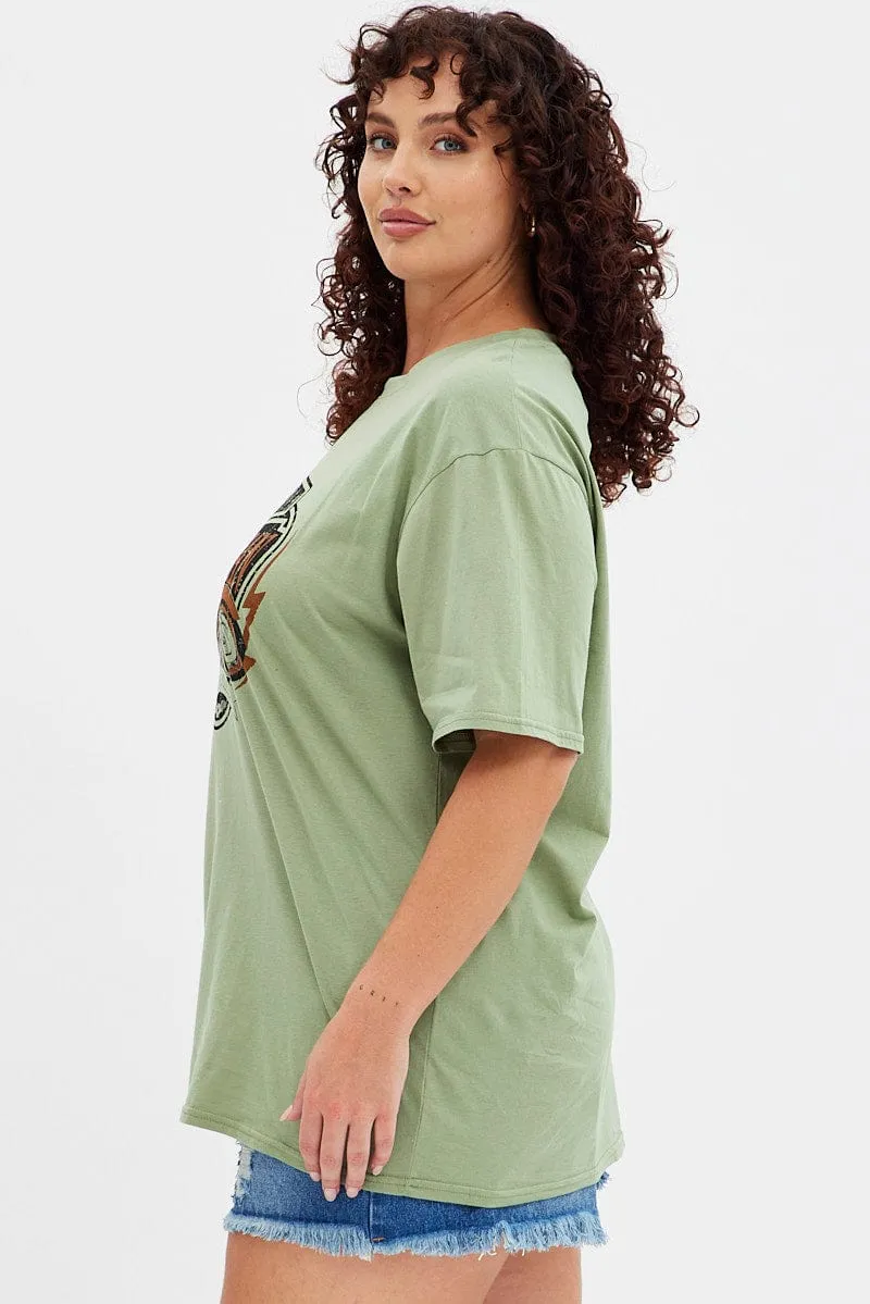 Green Graphic T-shirt American Motorbike Cotton Jersey Chic Wear Breathable Material