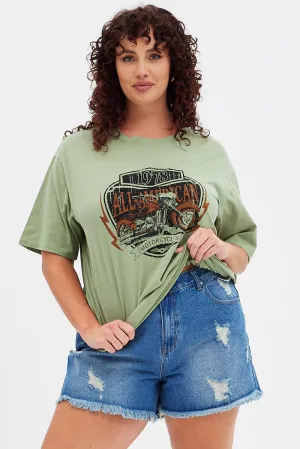 Breathable Wearable Stylish Fit Green Graphic T-shirt American Motorbike Cotton Jersey