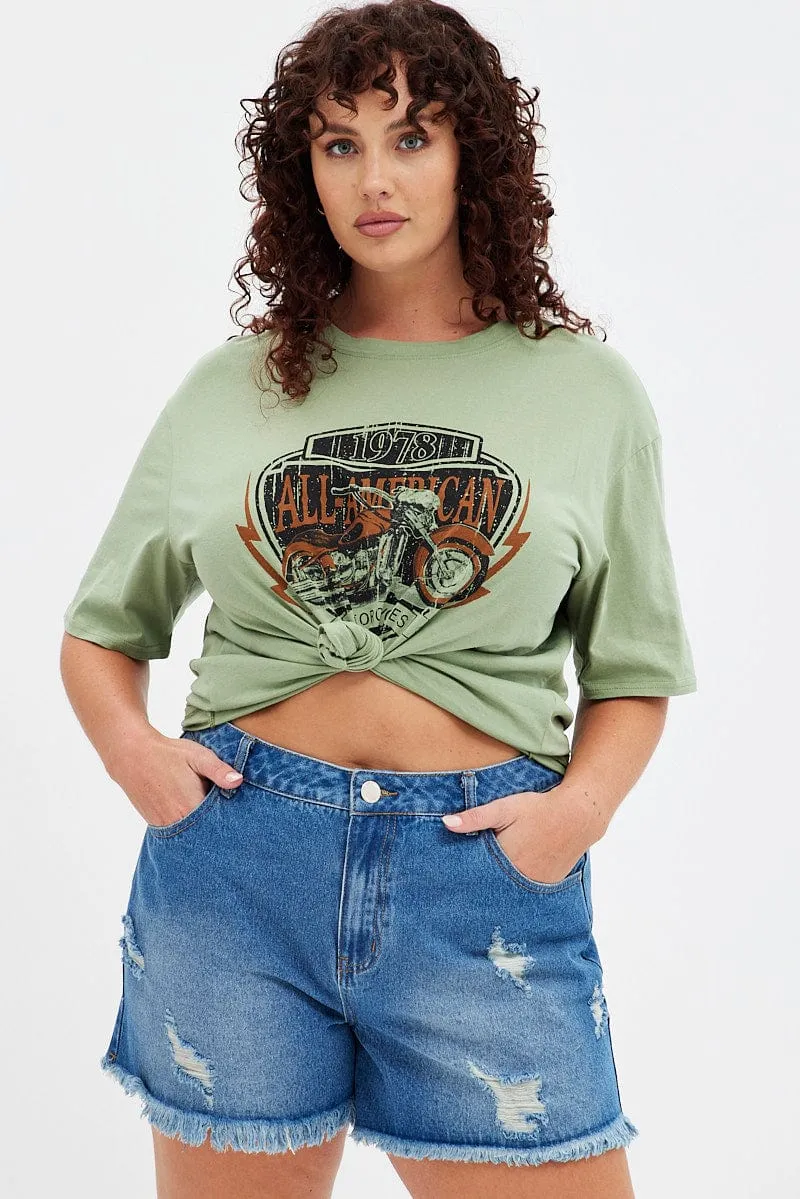 Green Graphic T-shirt American Motorbike Cotton Jersey Holiday Comfort Style