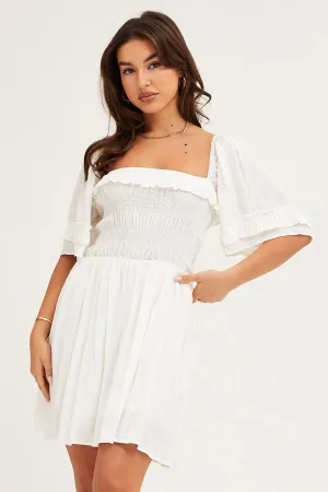Floral Design Wear Weekend Style Look White Mini Dress Short Sleeve