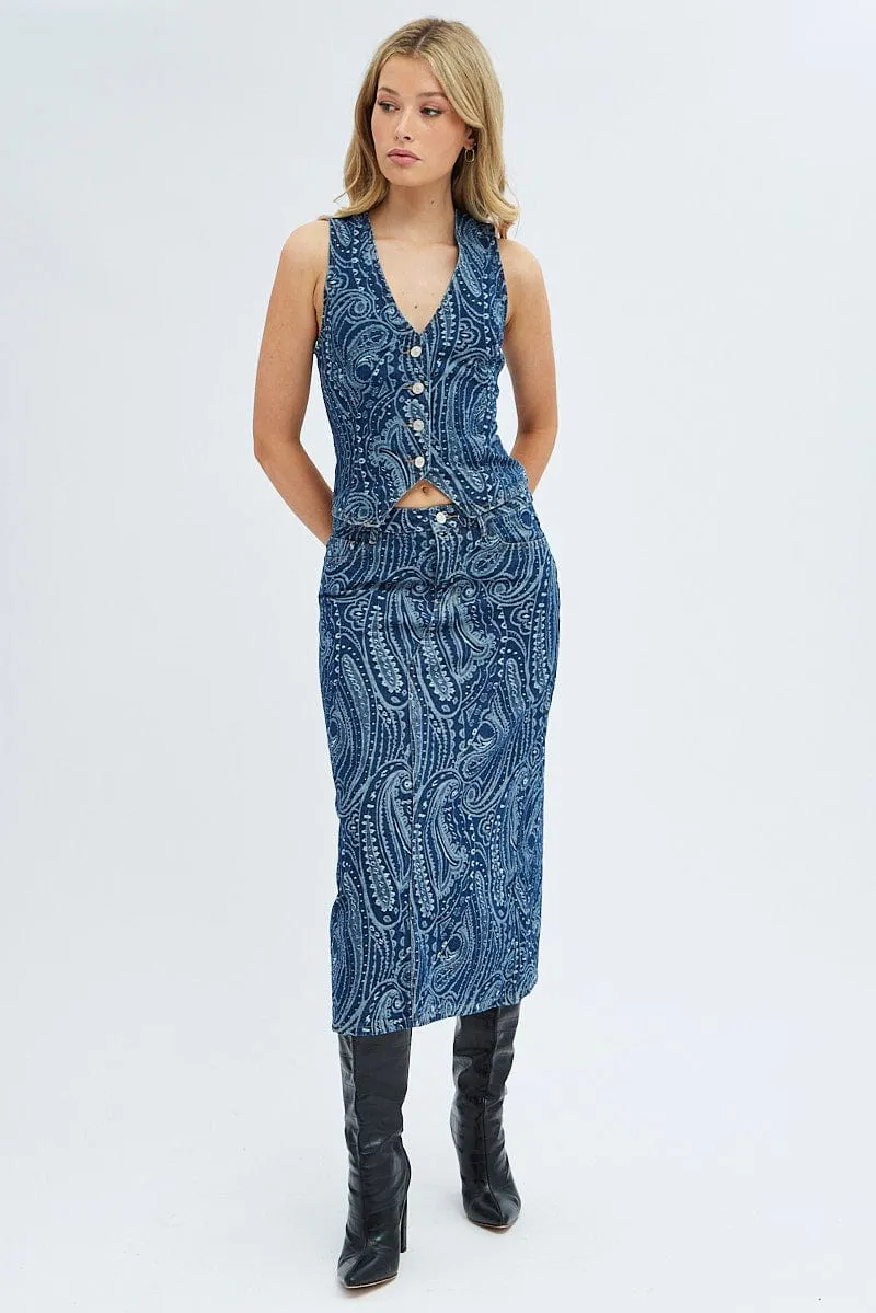 Denim Midi Skirt Mid Rise Straight Fit Paisley Denim Crisp Look