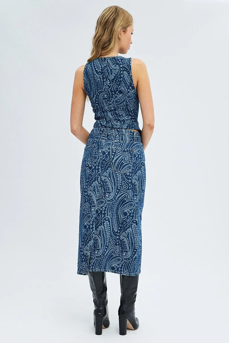 Relaxed Motion Denim Midi Skirt Mid Rise Straight Fit Paisley Denim