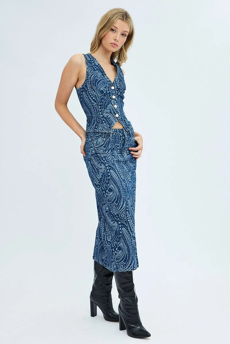 Layered Hem ruffle trim Denim Midi Skirt Mid Rise Straight Fit Paisley Denim